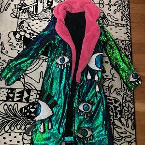 Sequin Iridescent Blue Green Eyeball Robe Coat Jacket with Faux Pink Fur